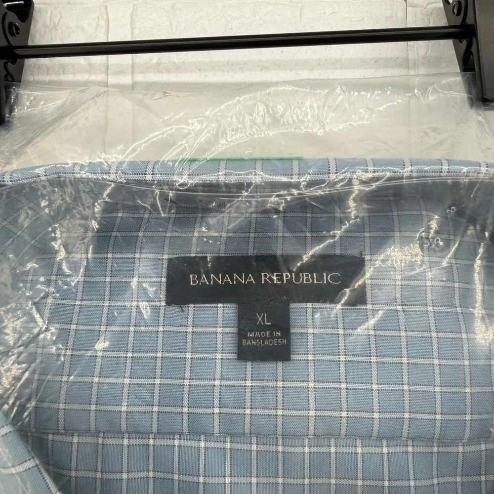 Banana Republic Dress Shirt Mens XL Dark Blue Non-Iron Slim Fit Windowpane Check